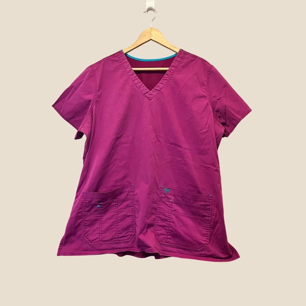Med Couture Scrub Top Womens 2XL Magenta Mesh Back V-Neck Medical Workwear